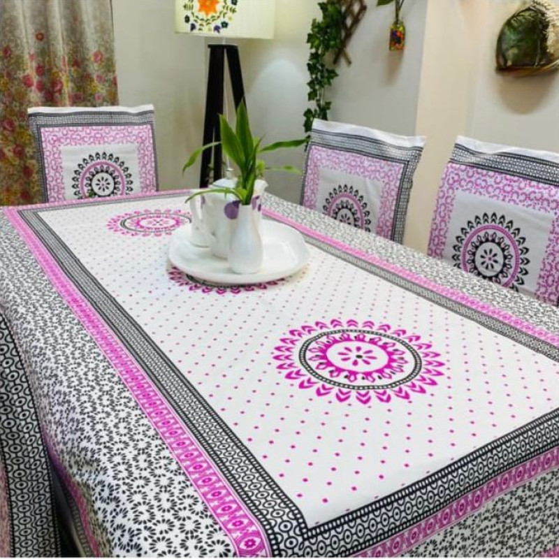 White And Pink Block Print Table Cloth