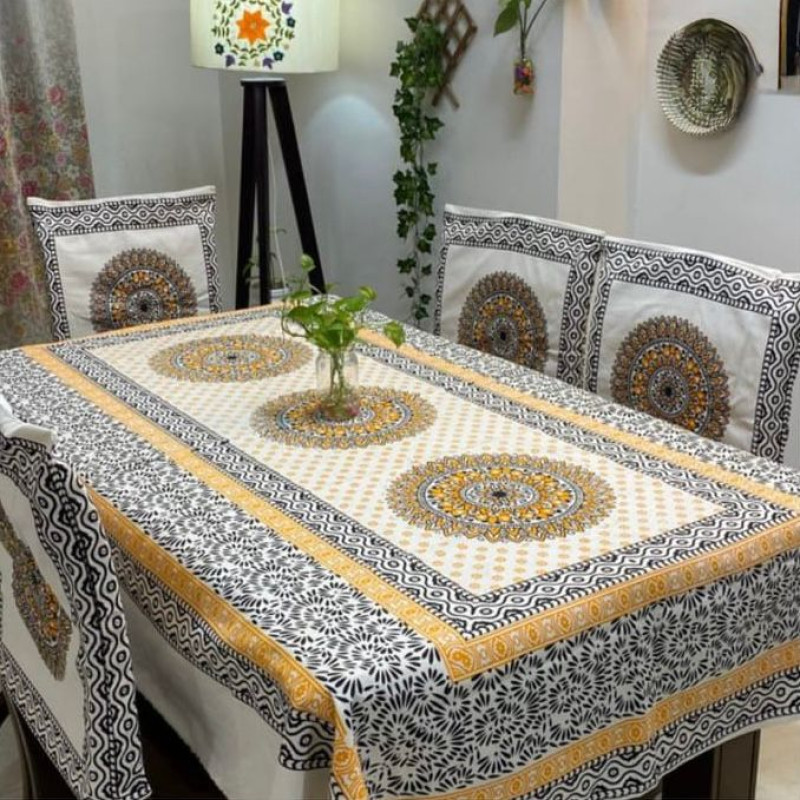 Yellow And Black Block Print Table Cloth