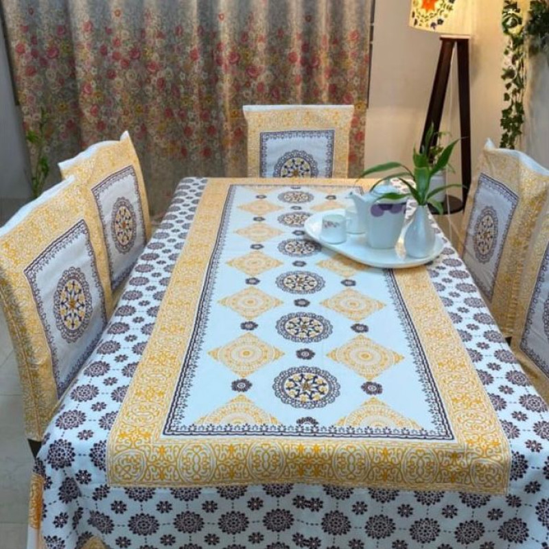 Cream And White Block Print Table Cloth