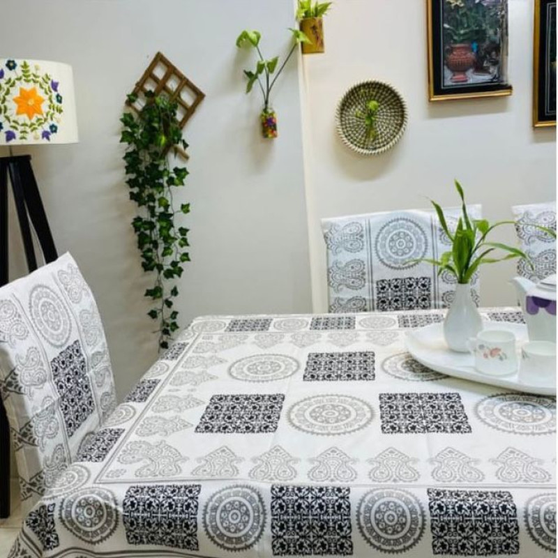 Square White Block Print Table Cloth