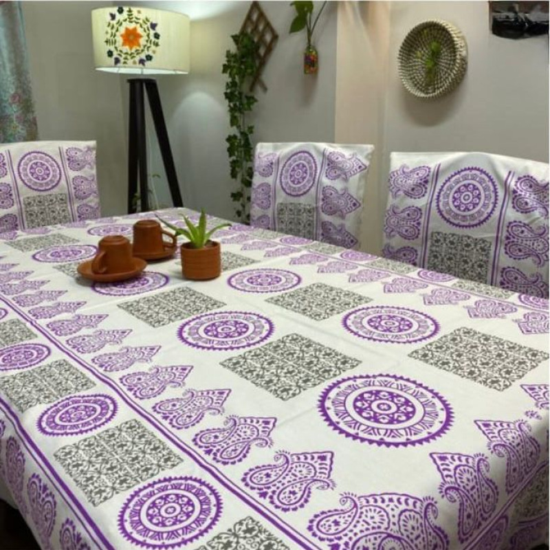 Purple And White Block Print Table Cloth